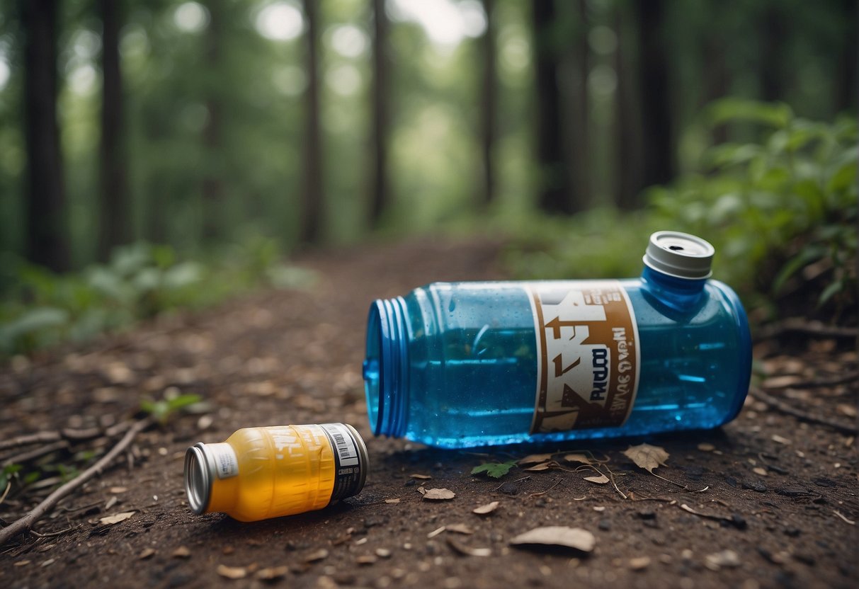 A water bottle left behind on a hiking trail, surrounded by empty energy drink cans and a discarded plastic bag