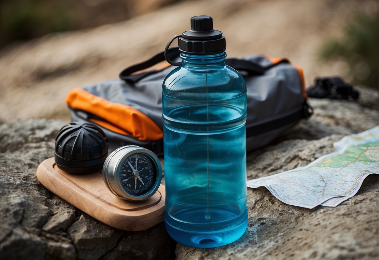 A water bottle sitting next to a map and compass, surrounded by a variety of hydration options such as electrolyte packets and a hydration bladder