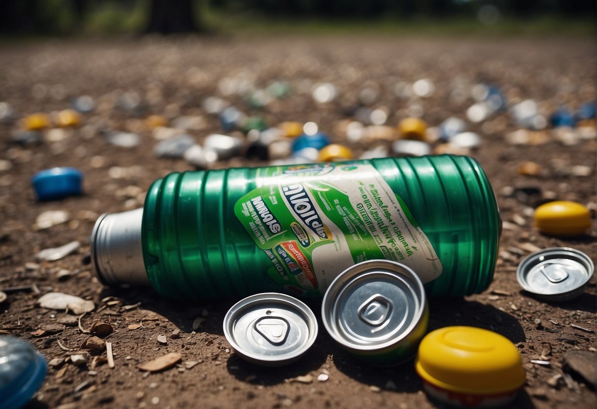 A water bottle lying on the ground, surrounded by empty soda cans and discarded plastic cups