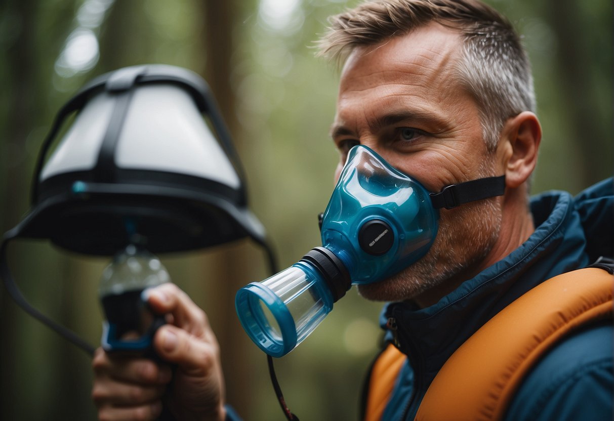 A person using a hydration equipment incorrectly while on an outdoor trip