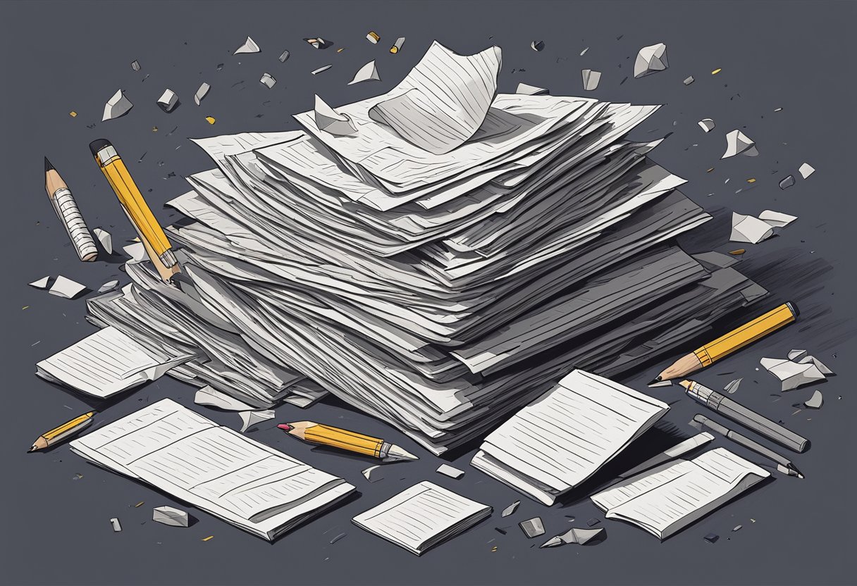A stack of crumpled papers sits on a desk, surrounded by scattered pens and pencils. A dark cloud looms overhead, casting a shadow over the scene