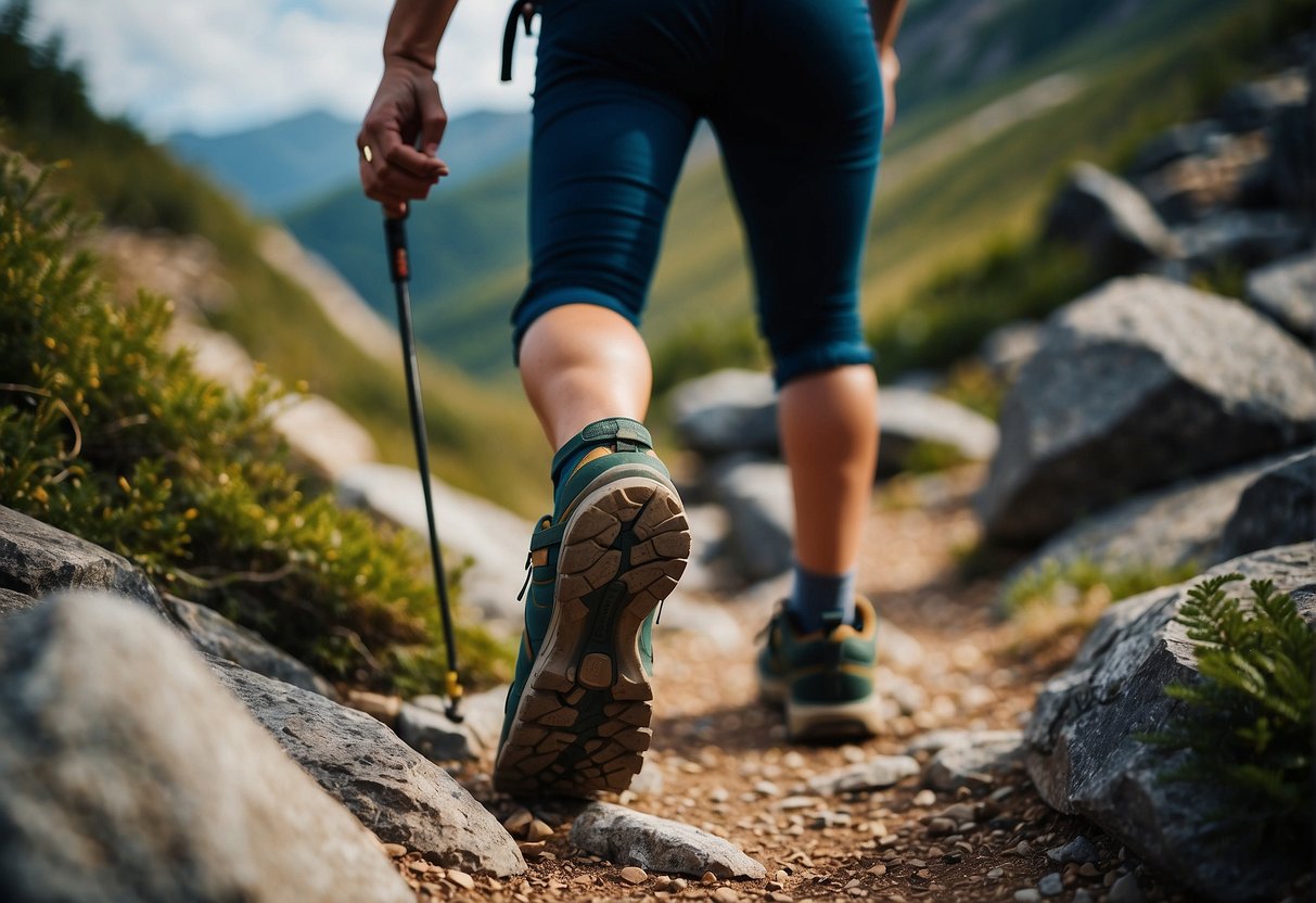 A person hiking on a steep trail with loose rocks, not wearing proper footwear