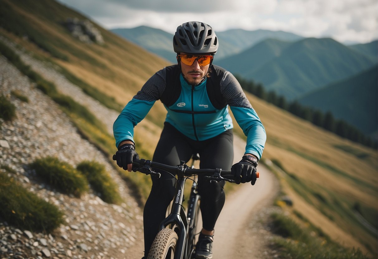 A person not wearing a helmet while biking downhill