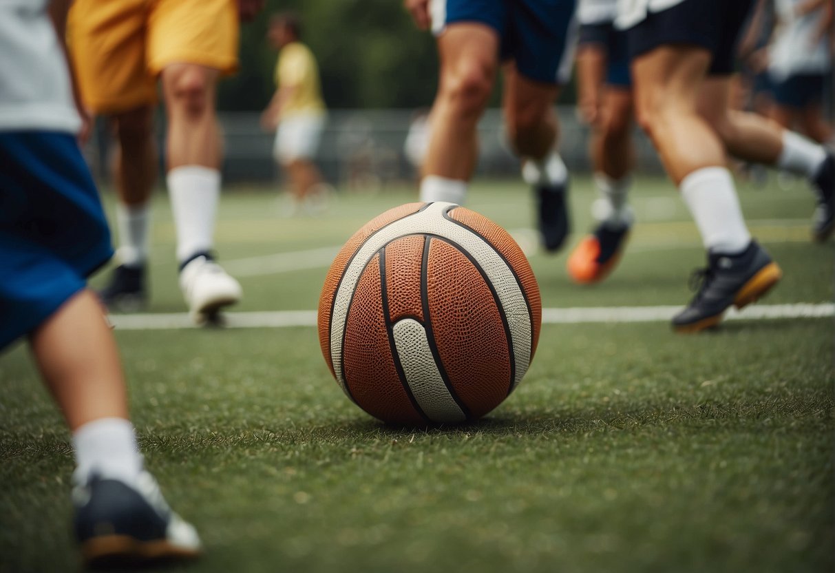 A group of people playing soccer, basketball, and tennis outdoors