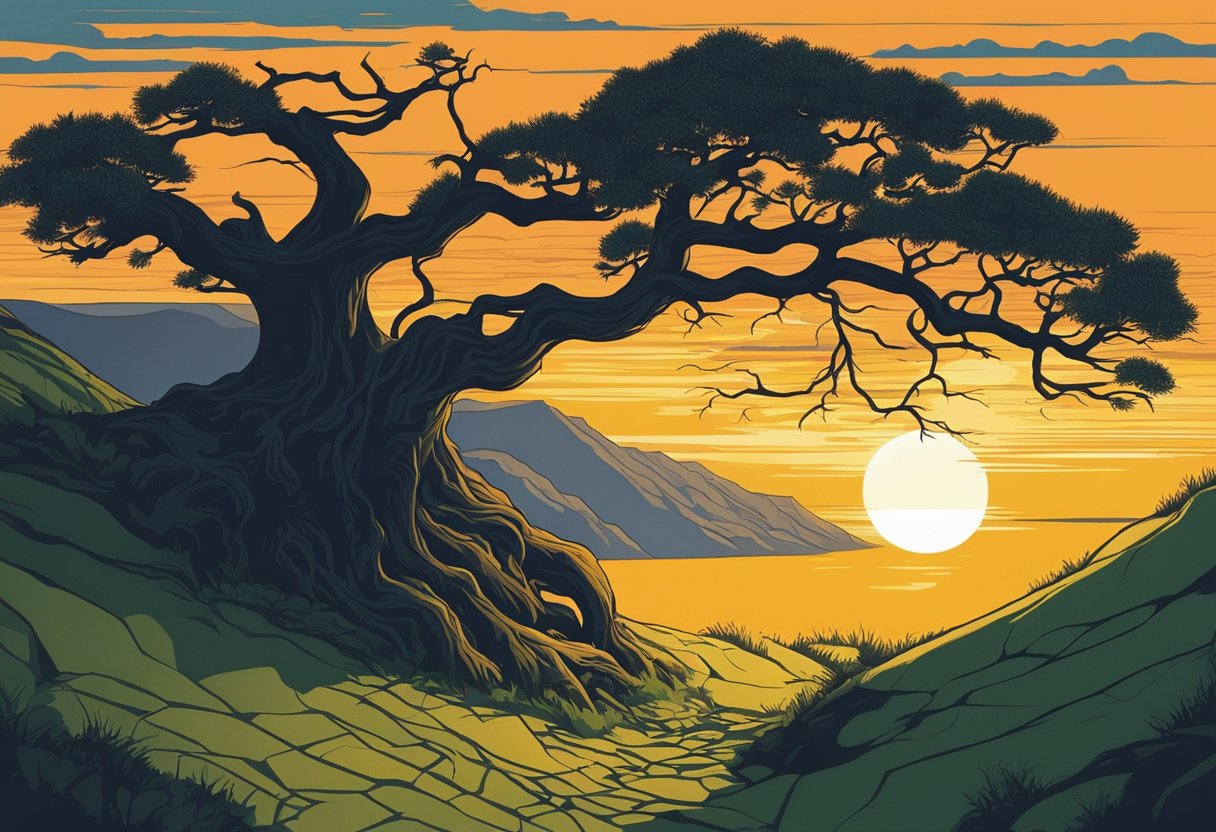 The sun sets behind a silhouette of a lone tree, its branches drooping with fatigue. A weary landscape, with shadows stretching across the ground