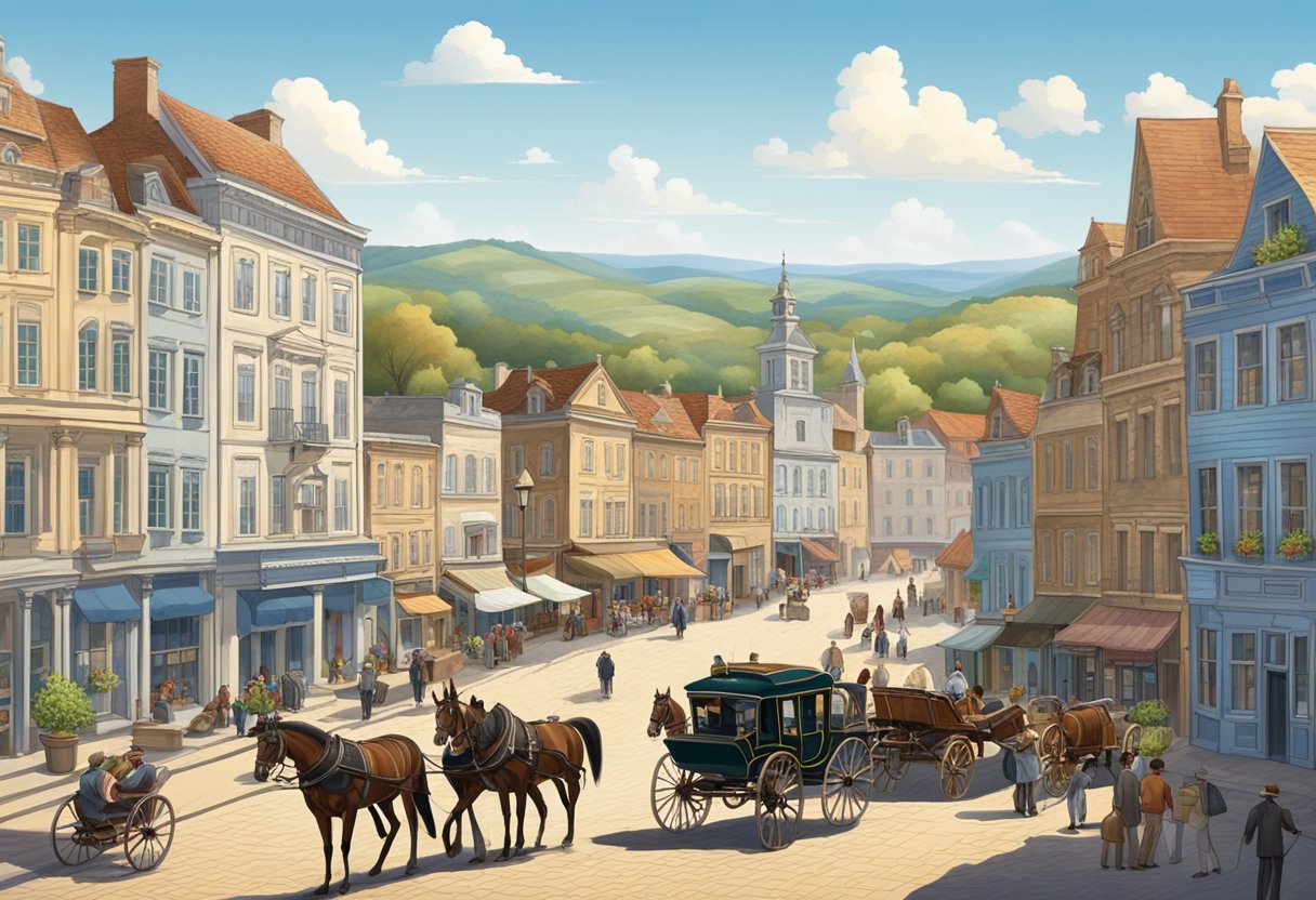 A bustling town square with old-fashioned buildings and horse-drawn carriages, surrounded by rolling hills and a clear blue sky