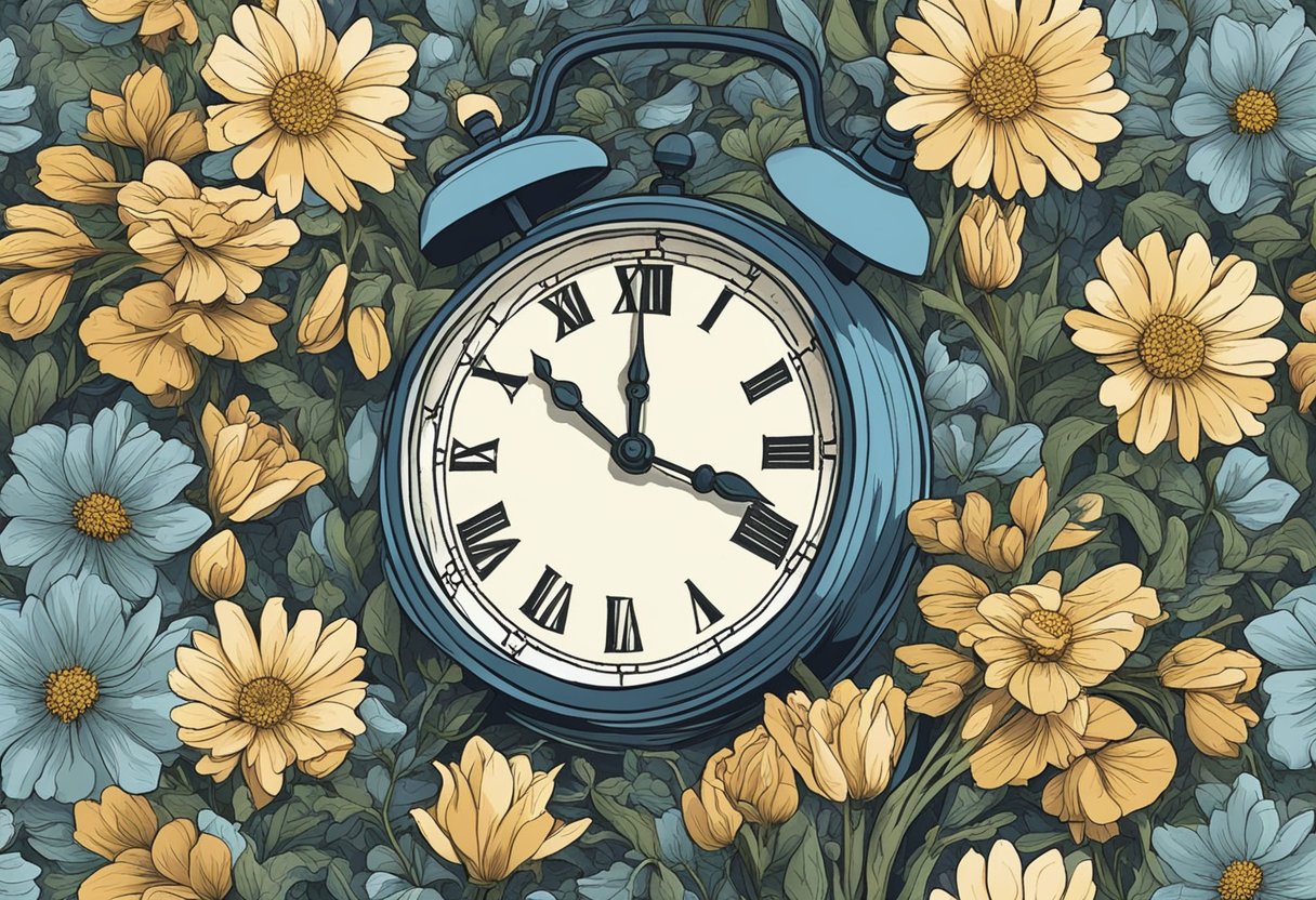 A clock with worn hands, surrounded by wilted flowers and fading sunlight, symbolizing the draining effects of time and age on energy