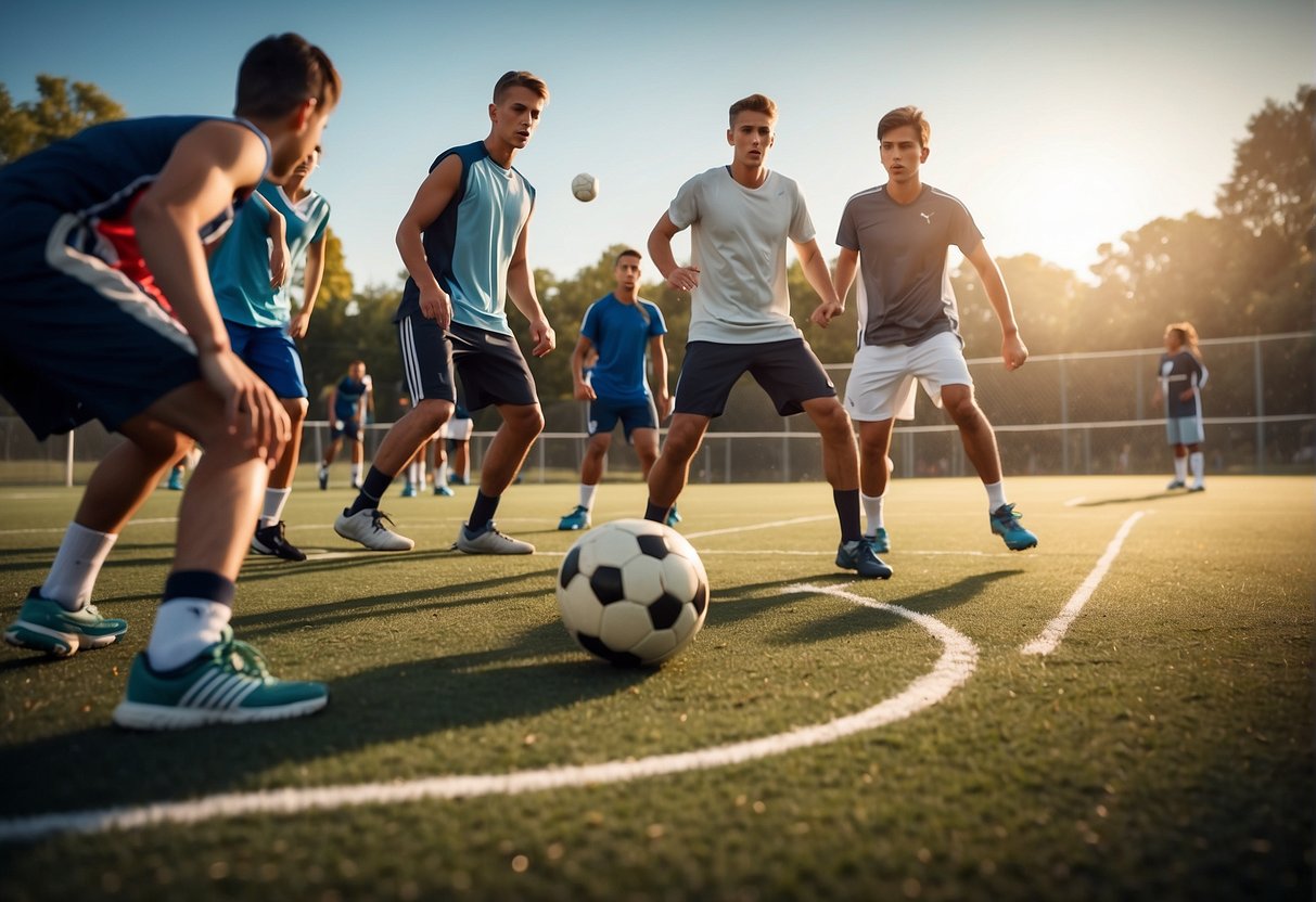 An outdoor scene with athletes playing soccer, basketball, and tennis. No human subjects or body parts visible