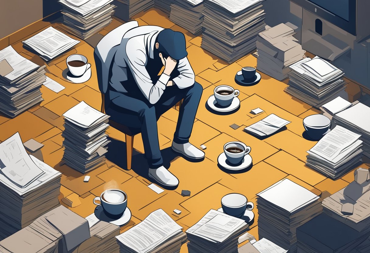 A person sits alone in a dimly lit room, head in hands, surrounded by scattered papers and empty coffee cups, conveying a sense of exhaustion and mental strain