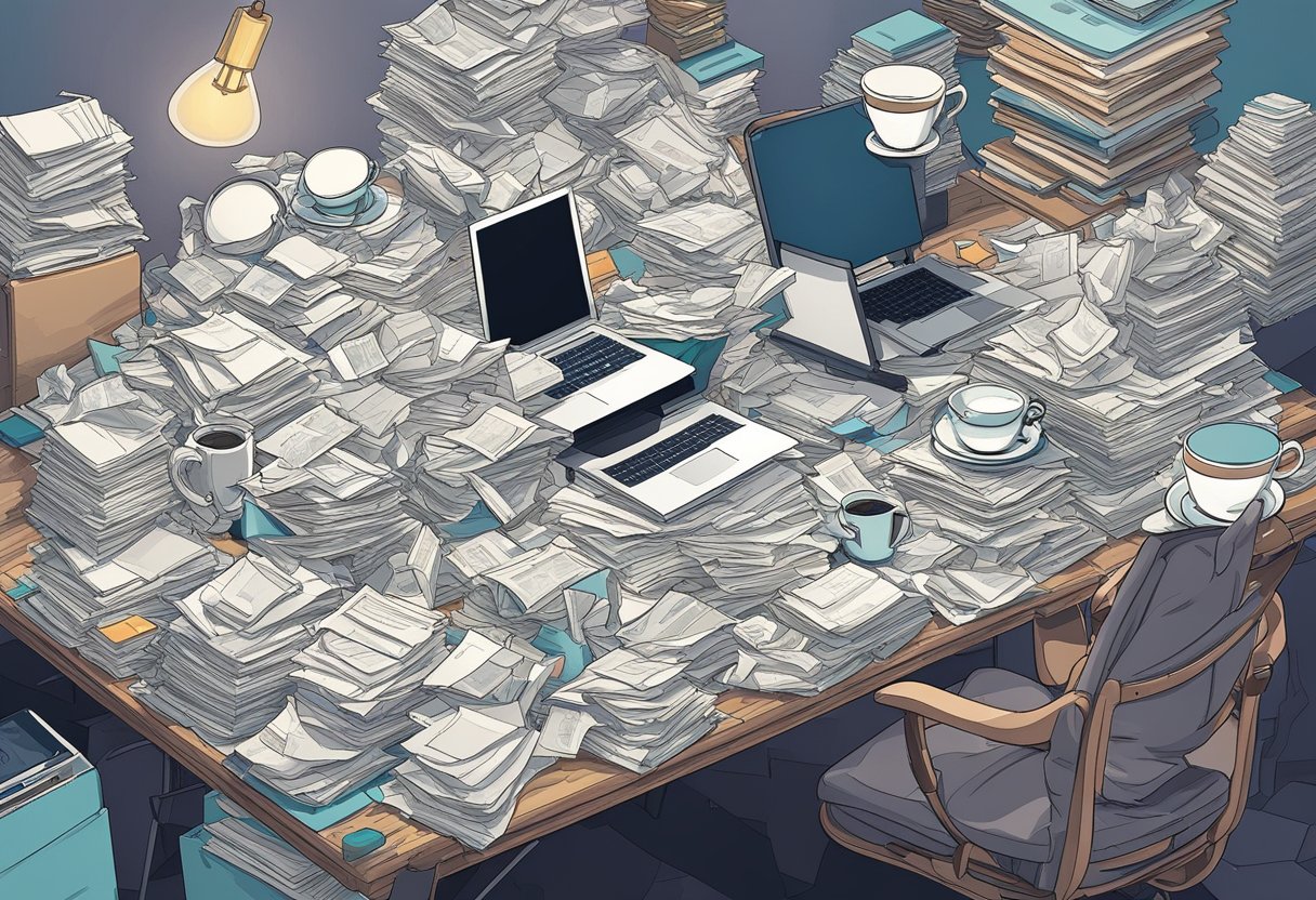 A pile of crumpled papers and empty coffee cups strewn across a cluttered desk, with a disheveled chair pushed back and a dimly lit desk lamp