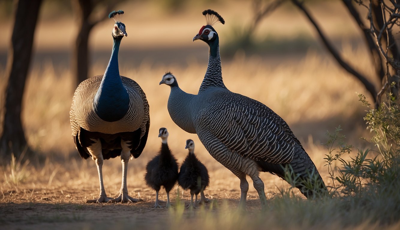A male and female African Wild Guineafowl are both feeding and watching over their chicks in the grassy savanna