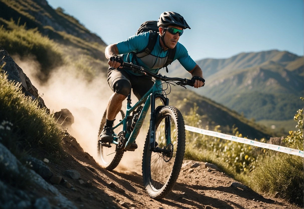 A mountain biker traversing rugged terrain, transitioning from steep climbs to fast descents, surrounded by lush greenery and a clear blue sky