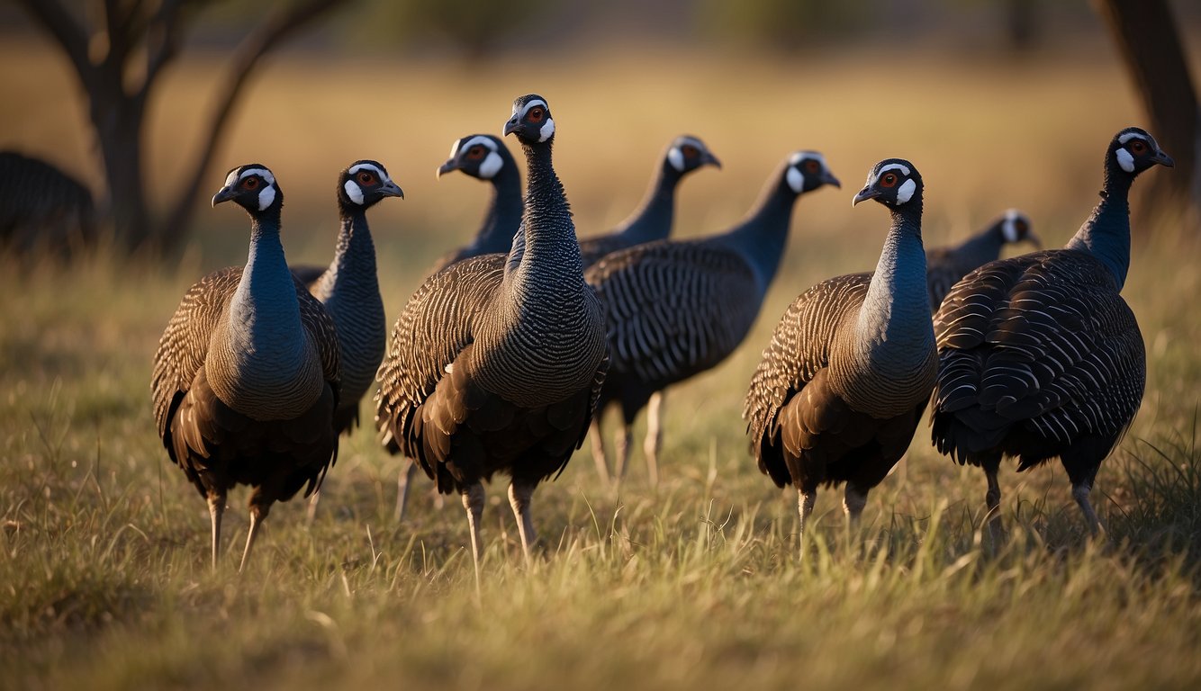 A group of African Wild Guineafowl gather together, tending to their chicks and foraging for food in a grassy, open savanna