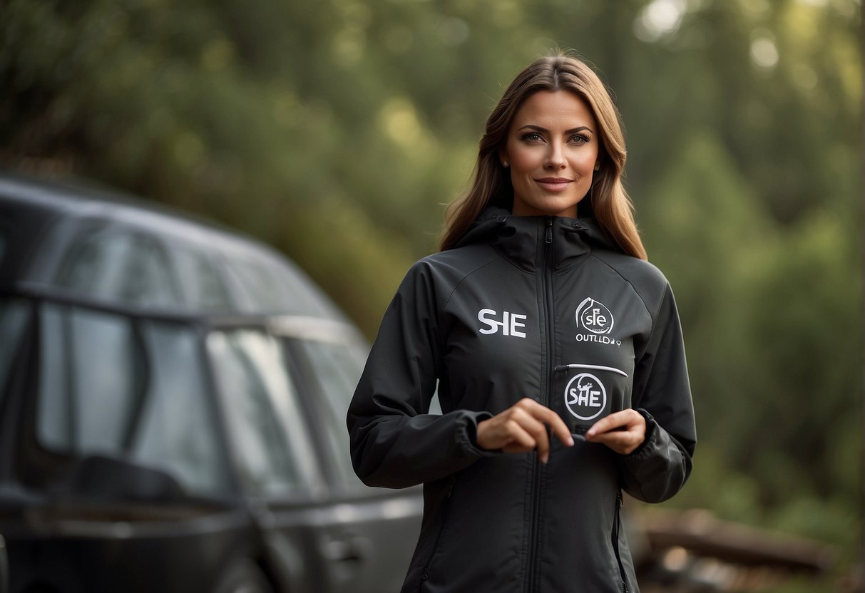 A woman proudly holds the logo of She Outdoor Apparel, symbolizing ownership