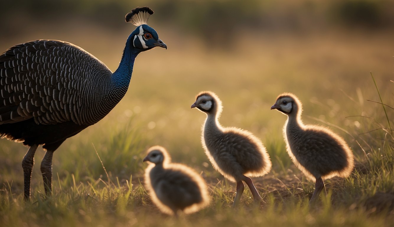 African wild guineafowl tend their chicks in a grassy savanna, while human activity looms in the background, illustrating the delicate balance of conservation and human influence