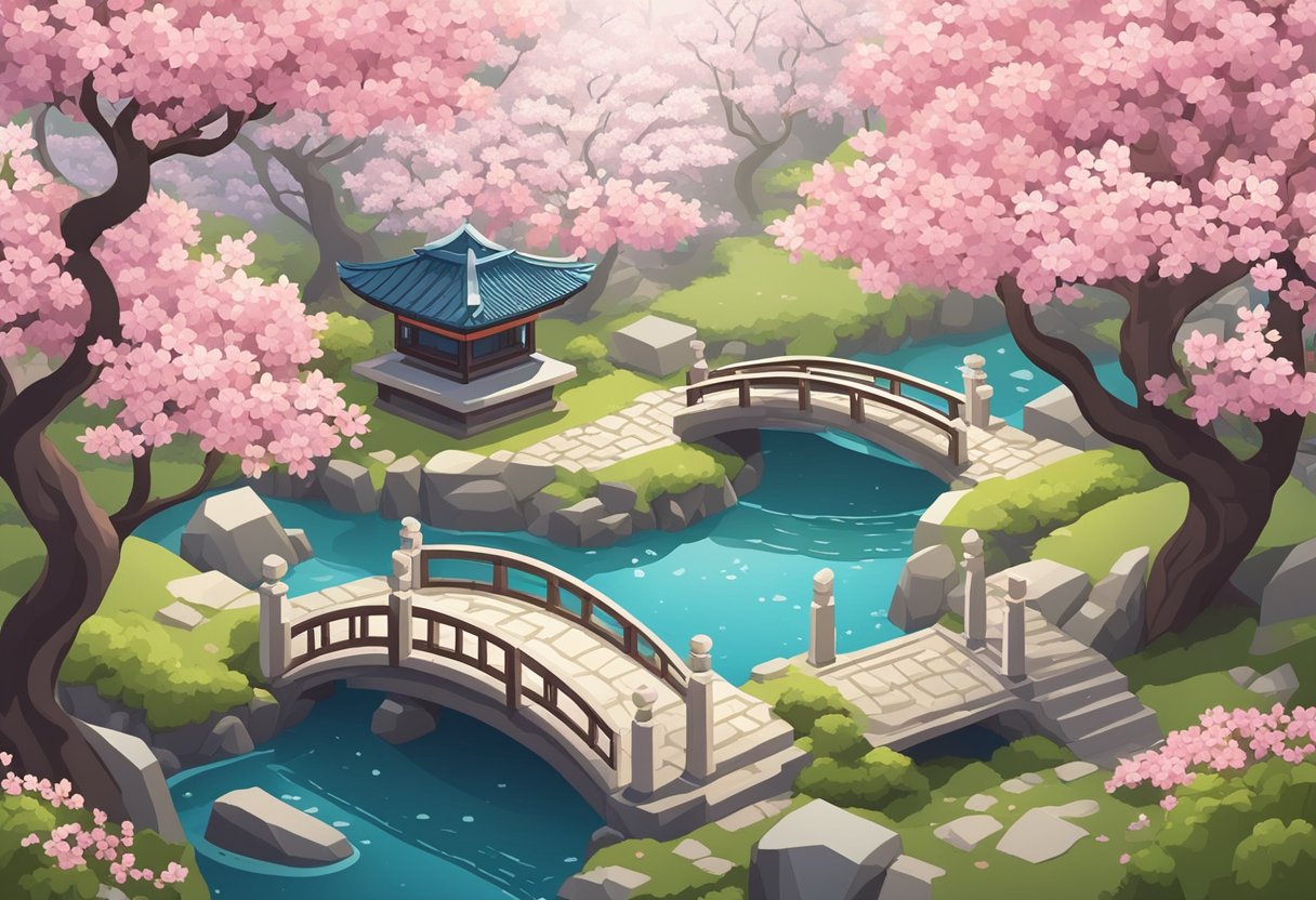 A serene garden with a traditional Japanese stone lantern surrounded by cherry blossom trees and a flowing stream