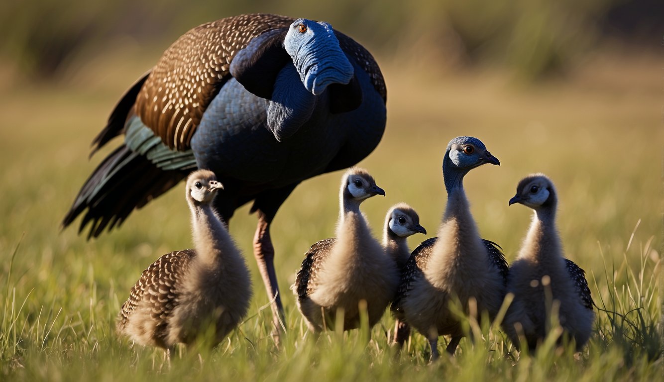 A group of African Wild Guineafowl cooperatively tending to their chicks in a grassy savanna.

Adults take turns watching over the young while others forage for food