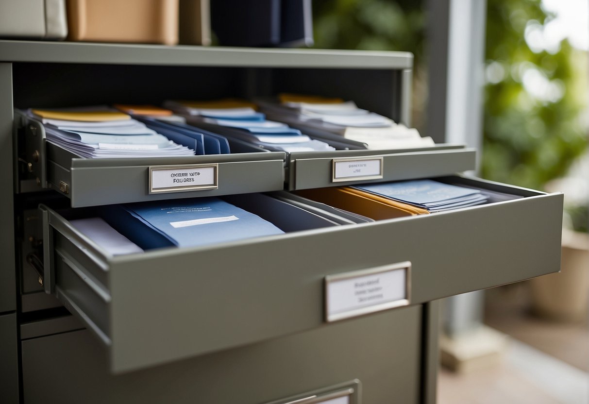 A filing cabinet with open drawers revealing labeled folders and documents related to outdoor apparel ownership