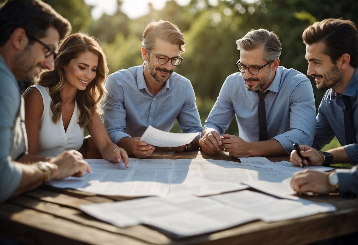 A group of investors and shareholders gather around a table, examining documents and charts related to the ownership of a prominent outdoor apparel company