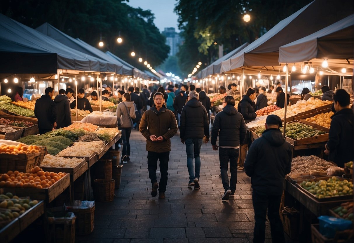 A bustling outdoor market with various stalls selling outdoor apparel. Competitors' logos are prominently displayed, indicating a strong market presence