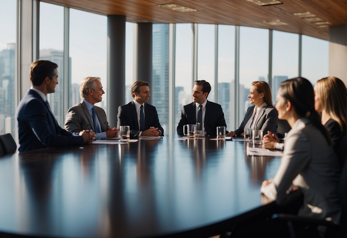 A boardroom with executives discussing outdoor apparel ownership