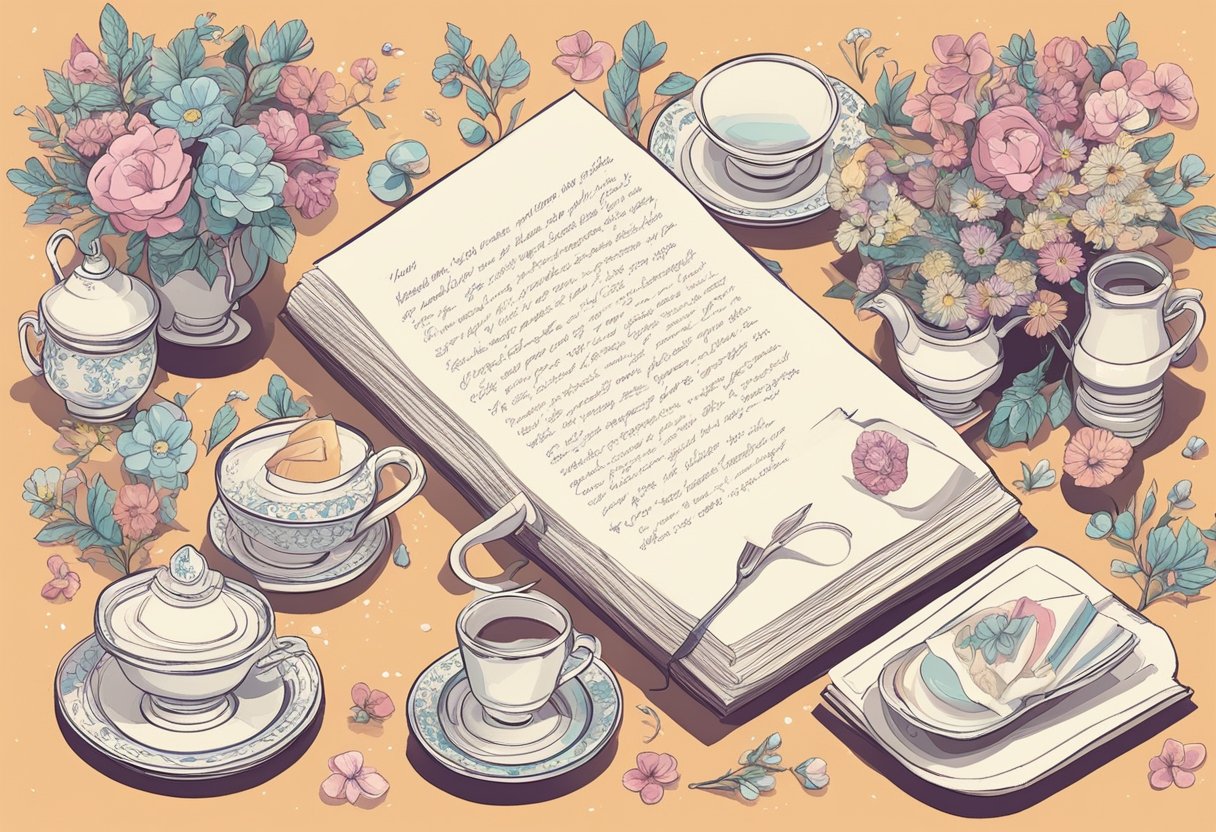 A table set with a teacup, a vase of flowers, and a handwritten note with a sweet quote