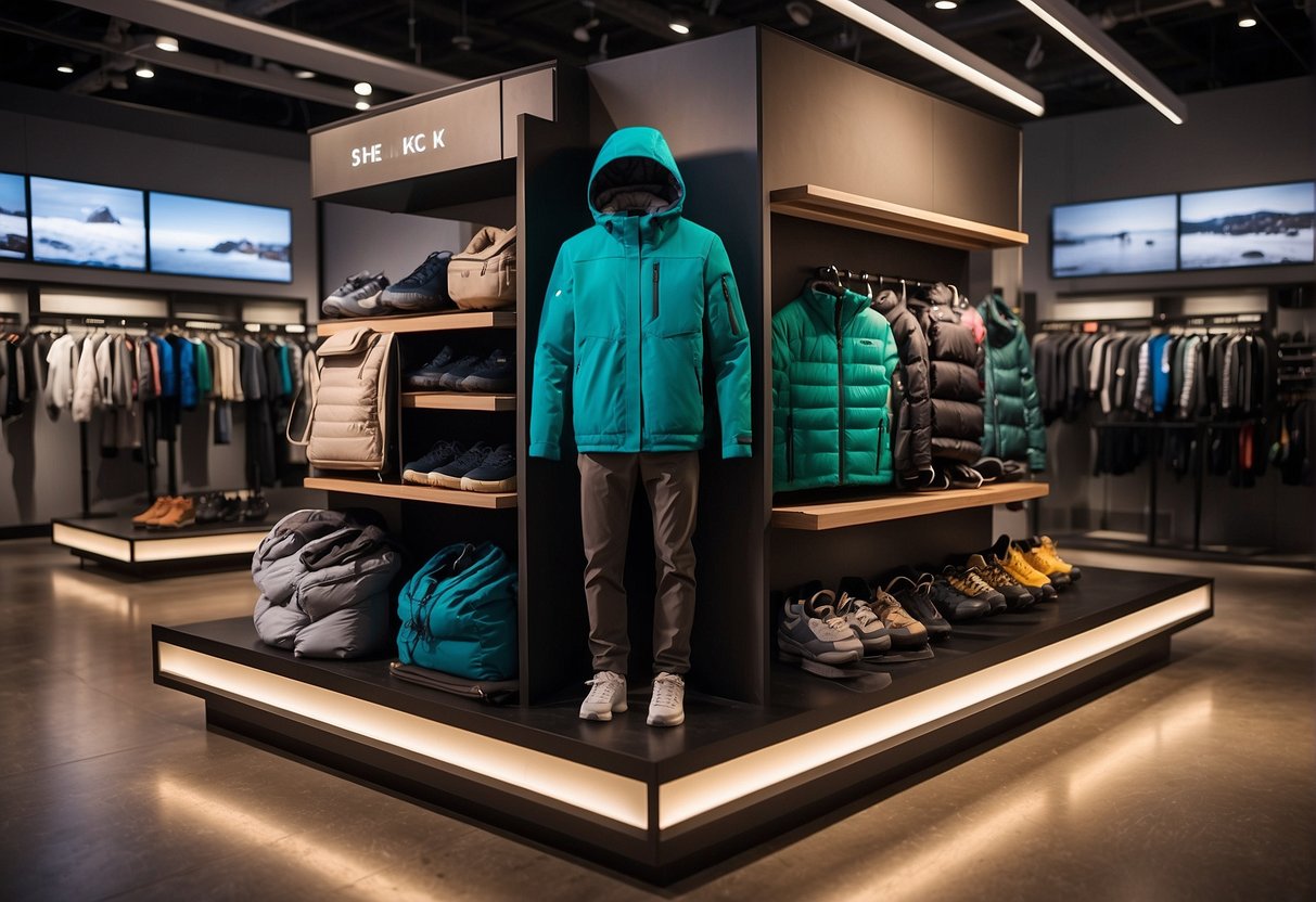 A display of outdoor apparel, including clothing, footwear, and accessories, is showcased with clear branding for She Outdoor