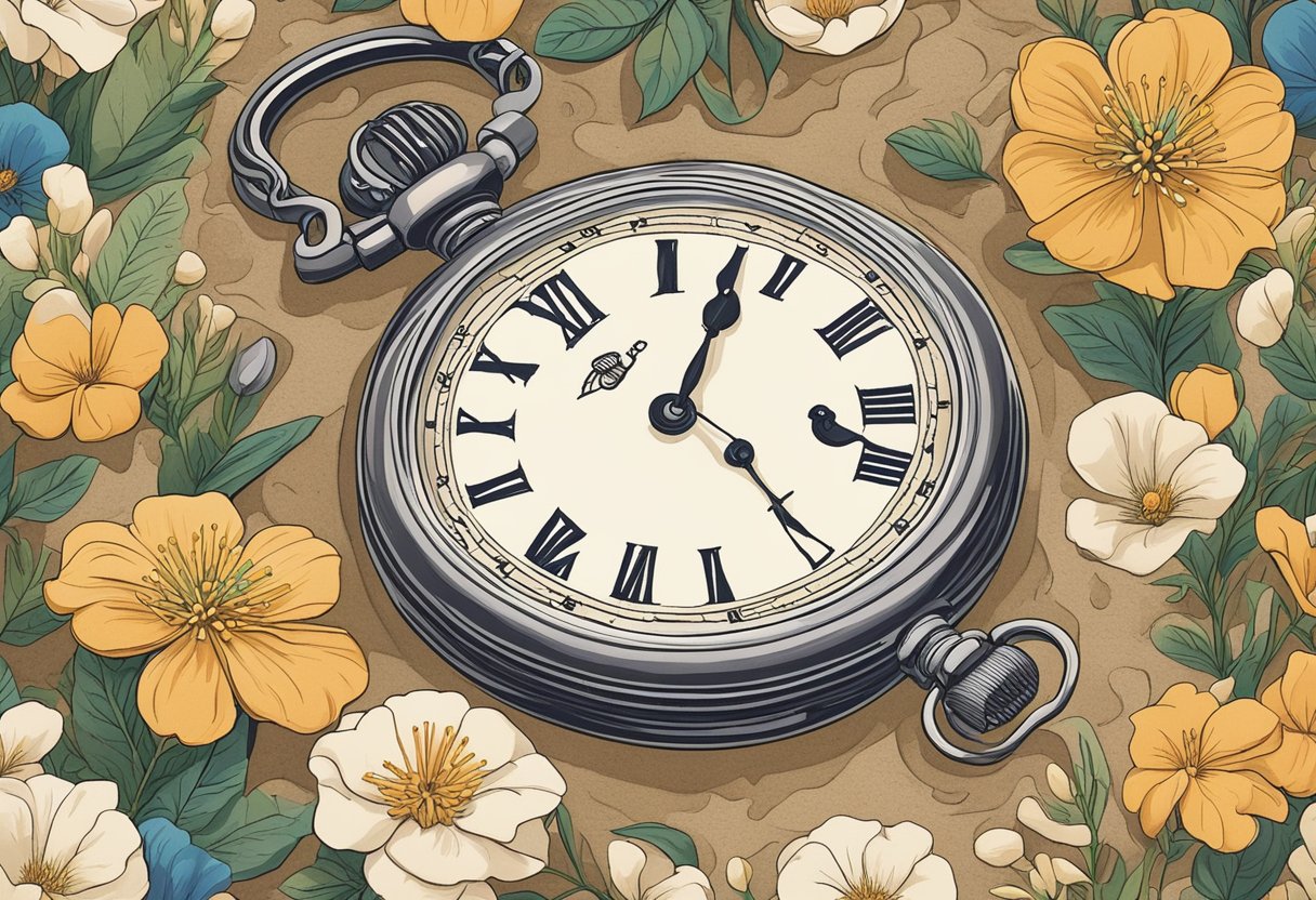 A vintage pocket watch nestled among blooming flowers and flowing sand, capturing the essence of time's fleeting beauty