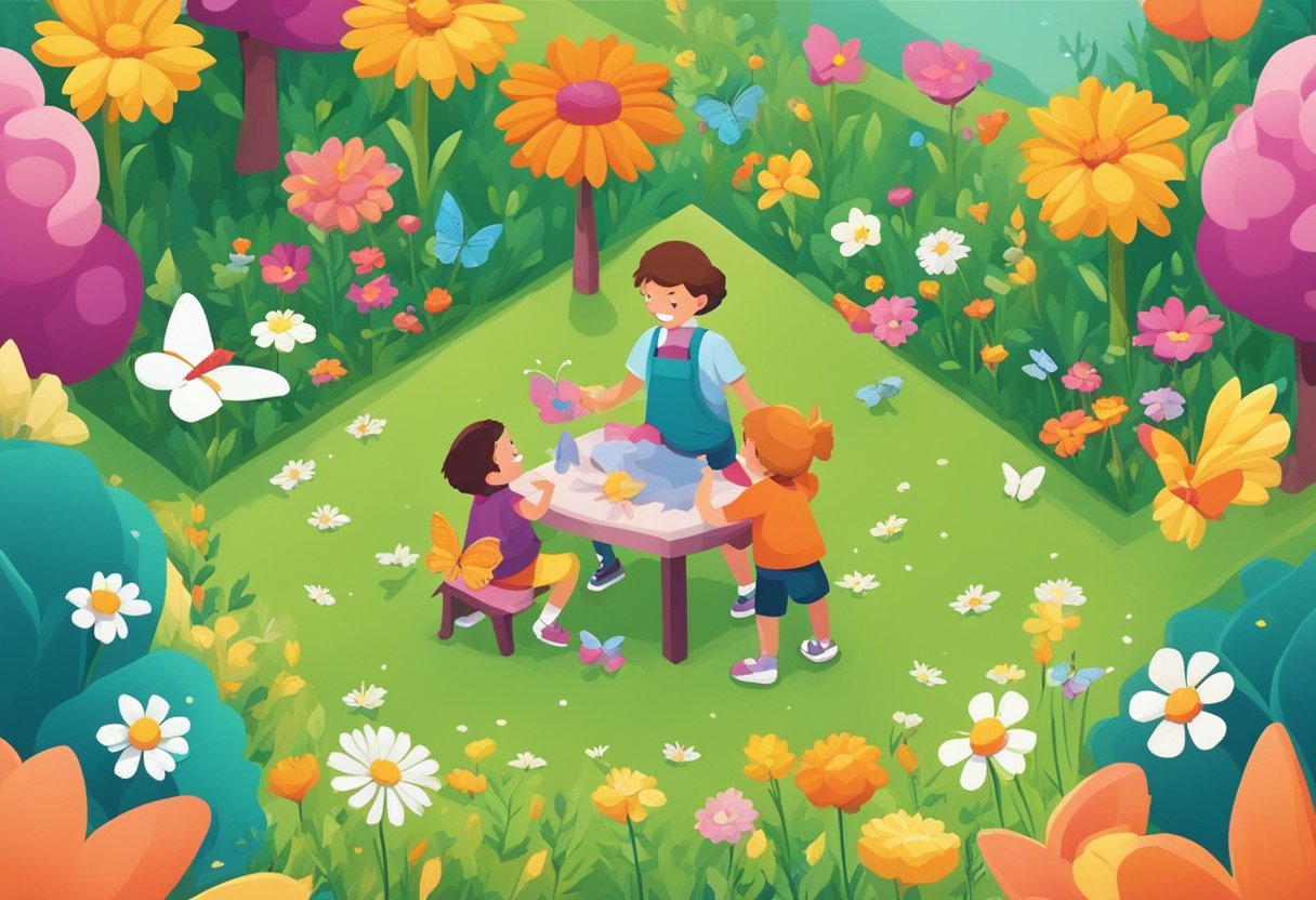 Children playing in a field, laughing and smiling, surrounded by colorful flowers and butterflies
