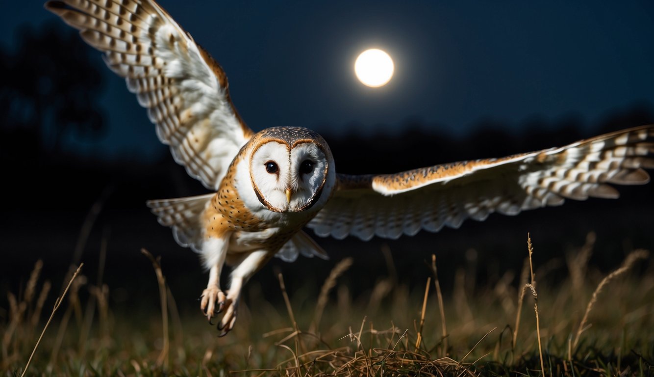 A barn owl silently swoops down on a mouse in the moonlit field.

Its outstretched wings and sharp talons ready to capture its unsuspecting prey