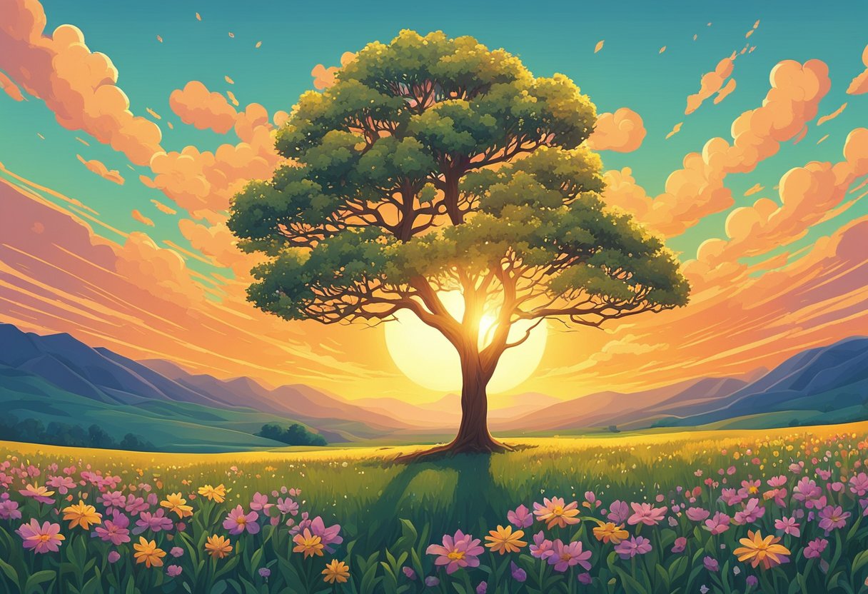 A lone tree stands in a field of wildflowers, its branches reaching towards the sky. The sun sets in the background, casting a warm glow over the scene