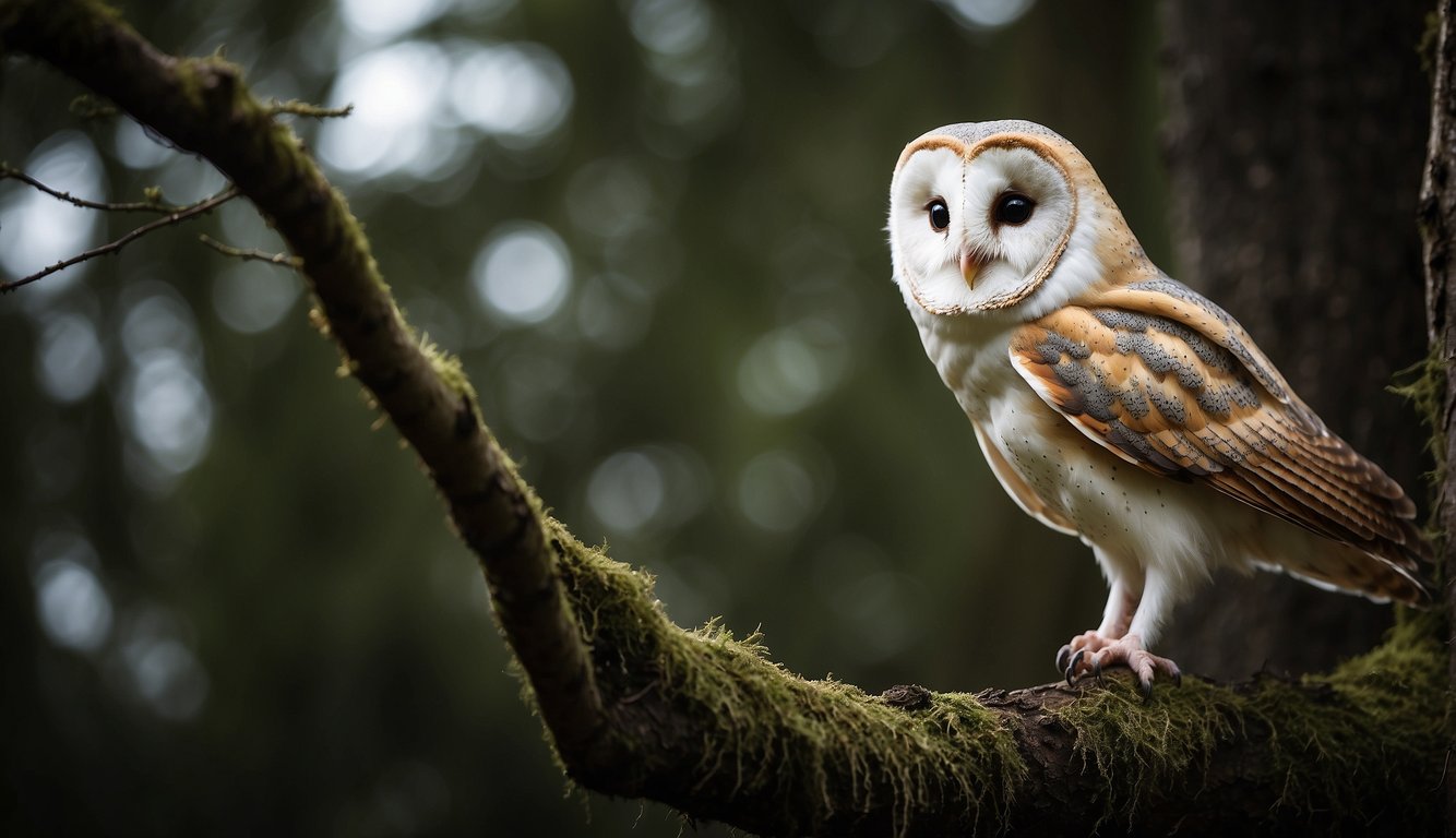 A barn owl perches on a tree branch, its sharp eyes scanning the darkness.

Its wings are spread wide, ready to swoop down on unsuspecting prey