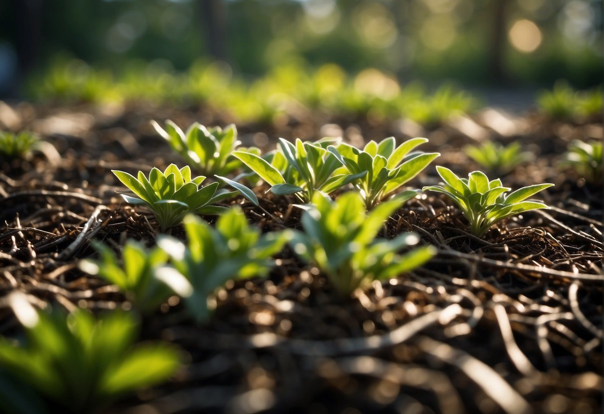 Healthy plants surrounded by mulch, receiving proper sunlight and water. Pests and diseases are kept in check with regular monitoring and proper maintenance