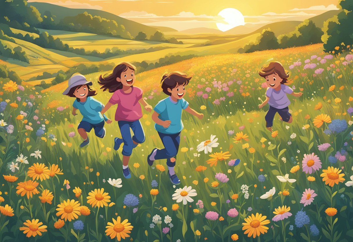 Children playing in a field of wildflowers, laughing and chasing butterflies, while the sun sets in the background