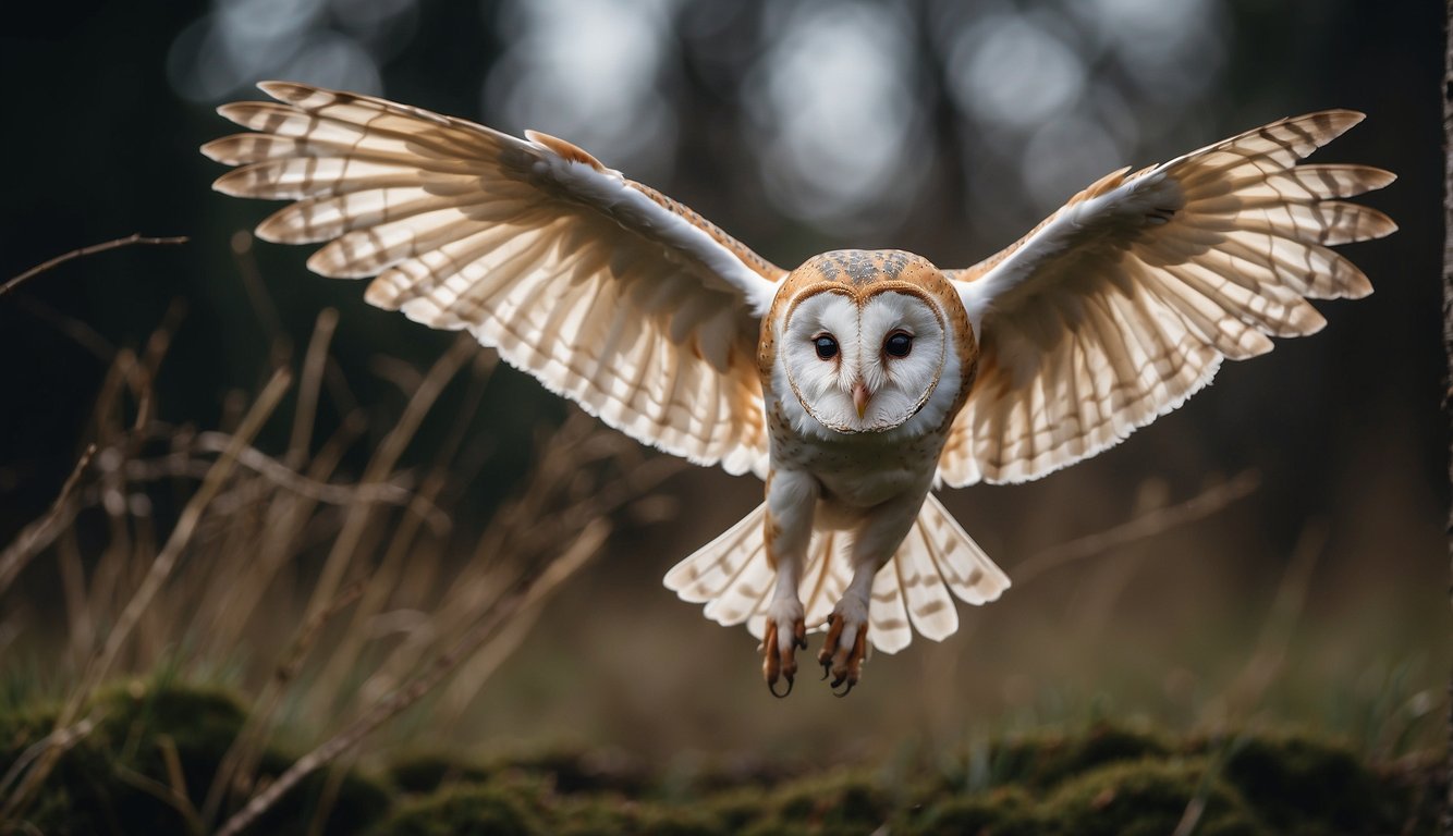 A barn owl silently swoops down on its prey, wings outstretched, eyes fixed on the target, showcasing its stealth and precision in hunting
