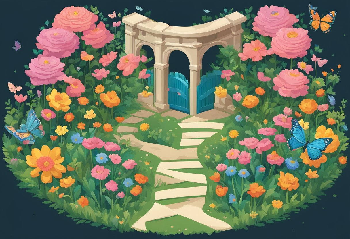 A winding path through a blooming garden, with colorful flowers and butterflies fluttering around, leading to a heart-shaped archway adorned with romantic quotes
