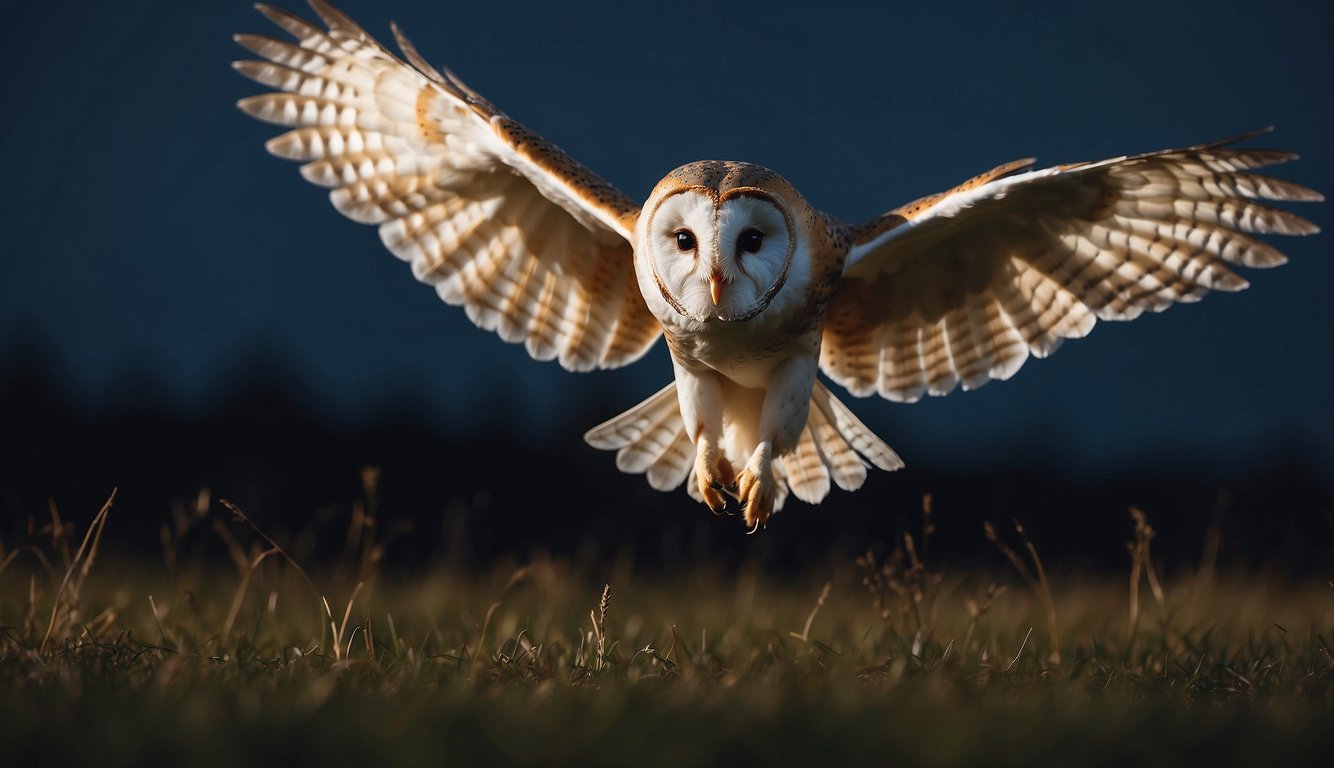 A barn owl silently swoops down on its prey in a moonlit field, its wings spread wide and its sharp talons ready to strike