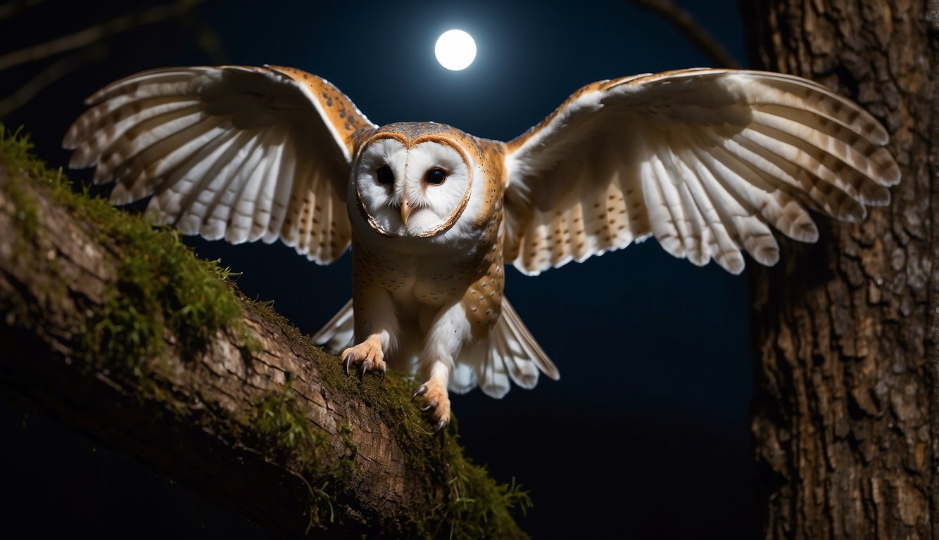 A barn owl perches on a tree branch, its wings spread wide as it silently swoops down on unsuspecting prey in the moonlit night