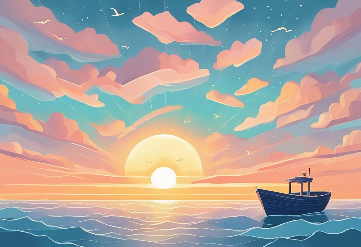 A sunrise over a calm ocean, with a small boat sailing towards the horizon. The sky is painted in soft pastel colors, and seagulls are flying overhead