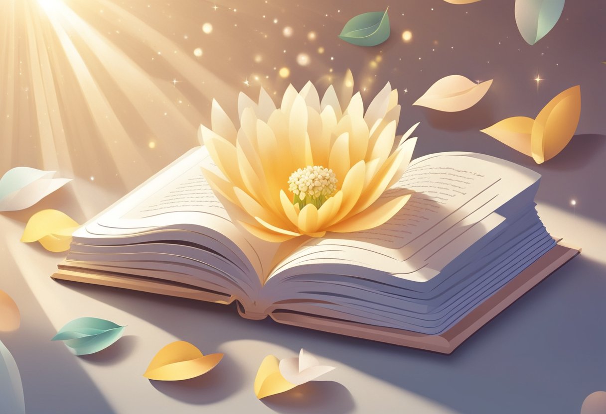 A blooming flower next to an open book with rays of light shining down, symbolizing personal growth and education