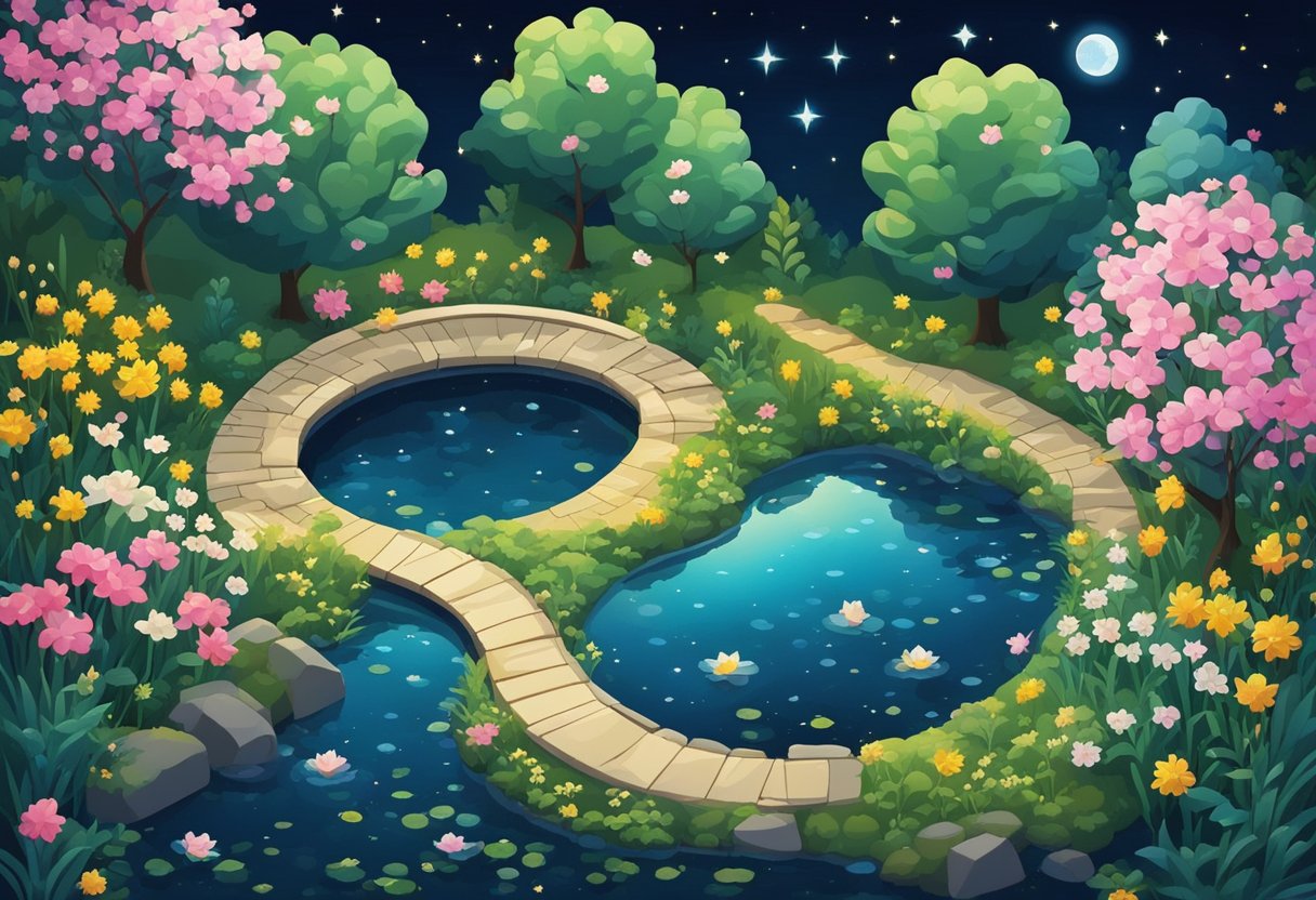 The moonlit pond reflects the stars, surrounded by blooming flowers and whispering trees