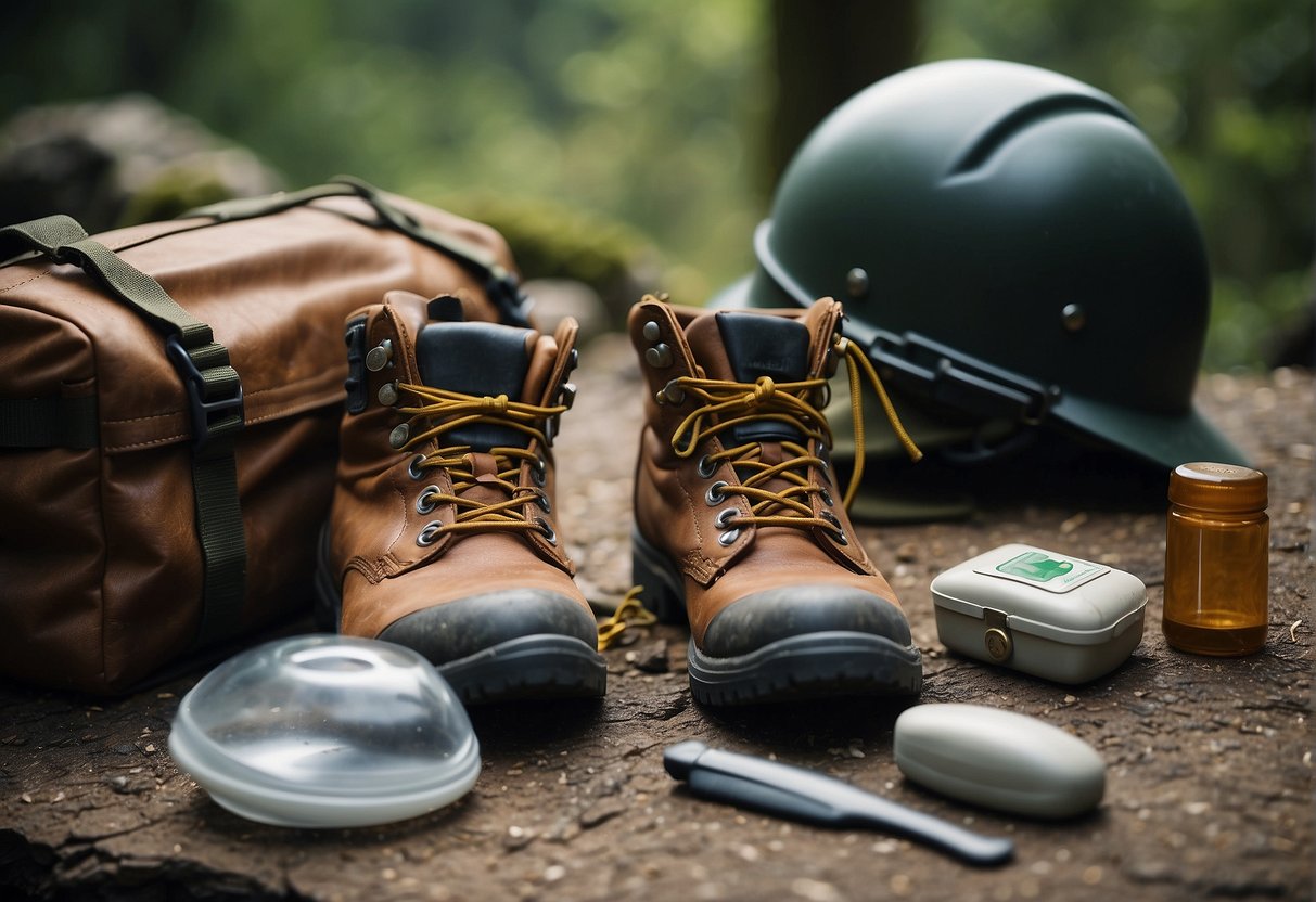 Hiking boots, a helmet, and a first aid kit are essential safety equipment for an outdoor excursion