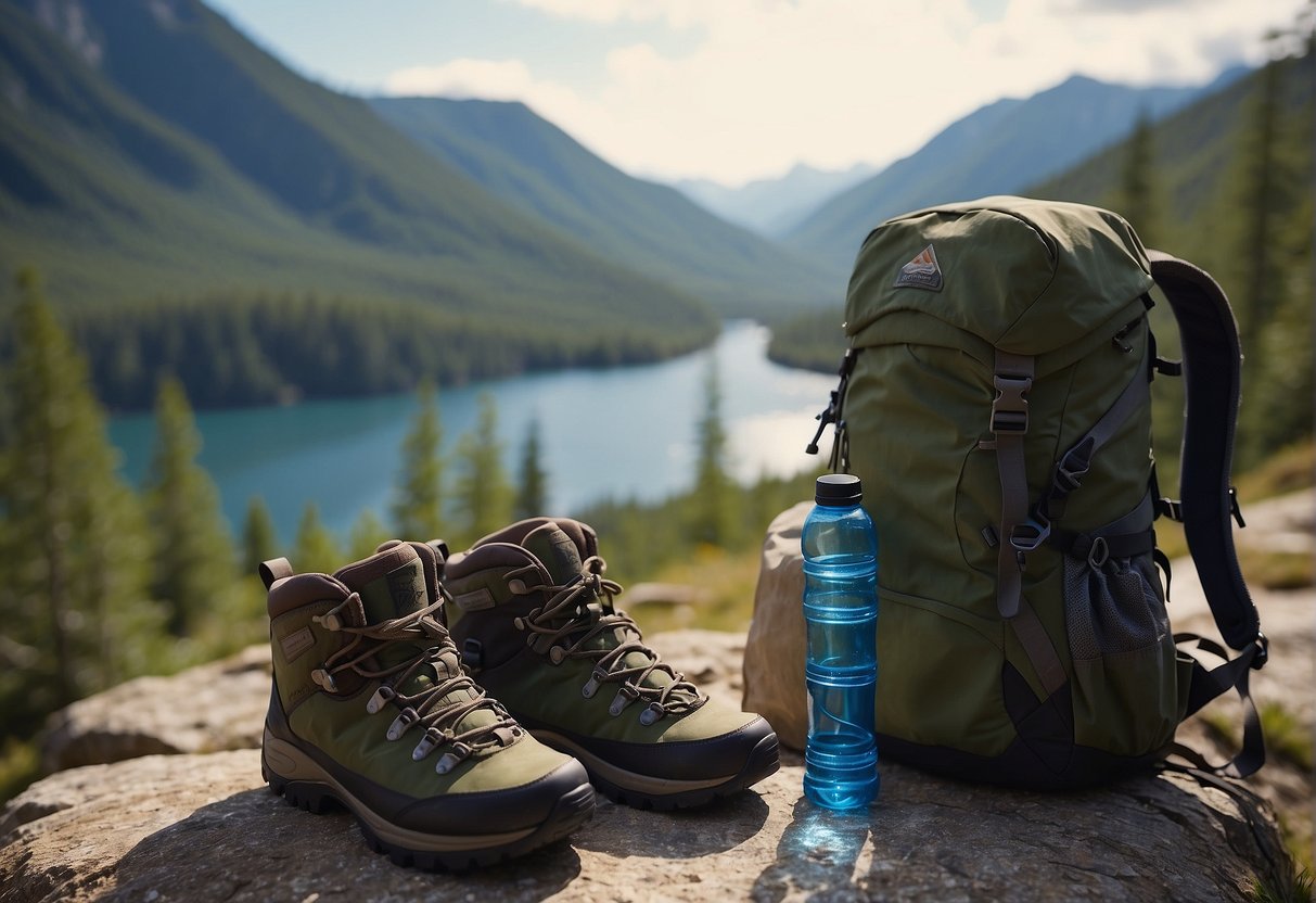 A scene showing hiking boots, a backpack, a map, and a water bottle