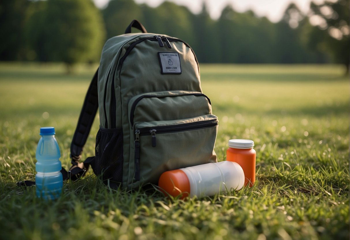 A backpack with water bottle, non-perishable food, and a first aid kit laid out on a grassy field with trees in the background