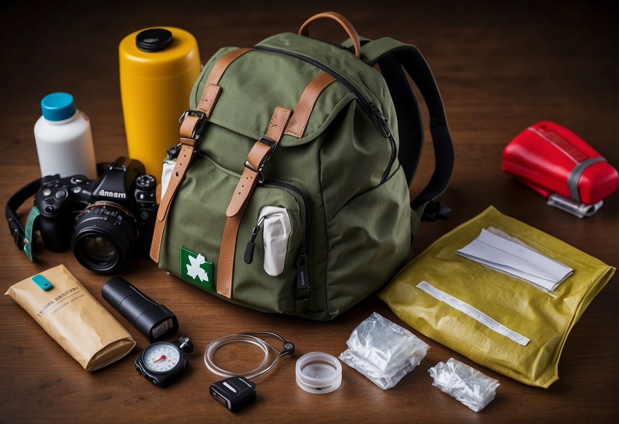 A backpack with a first aid kit, flashlight, whistle, and map