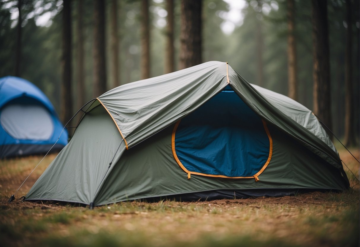 A tent with a sleeping bag and a tarp for shelter and bedding