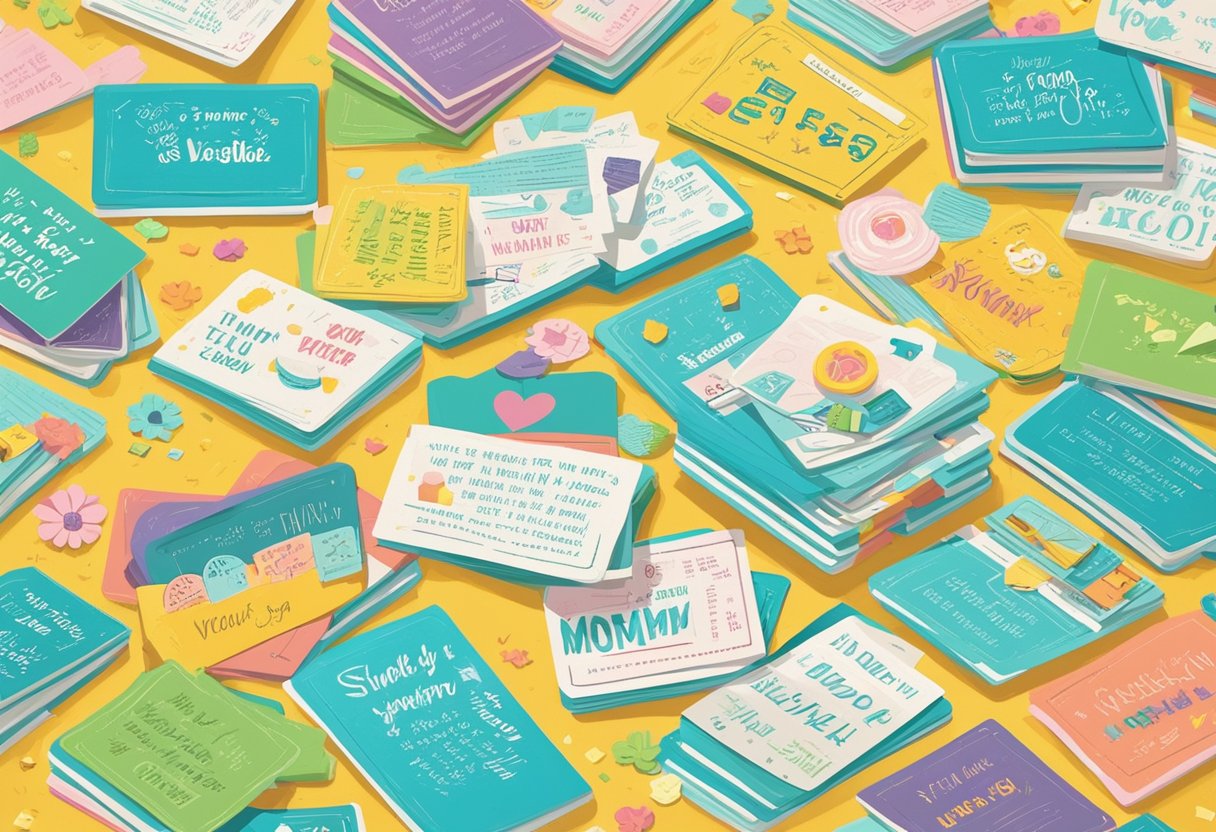 A stack of quote cards with funny mom quotes scattered on a table, surrounded by laughter and smiles