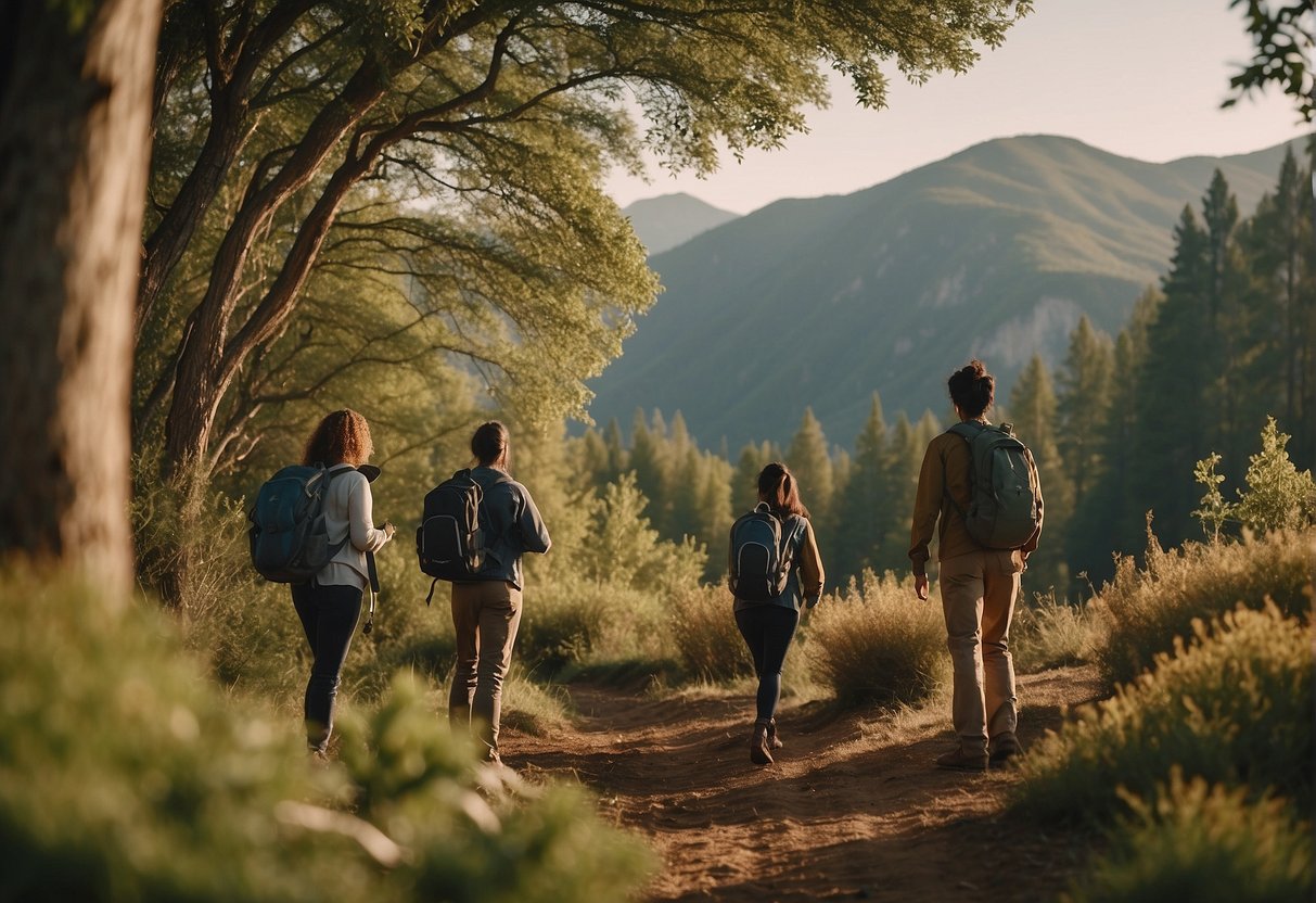 A diverse ecosystem with wildlife, plants, and natural features. A group of people engaged in outdoor activities while being mindful of the impact on wildlife