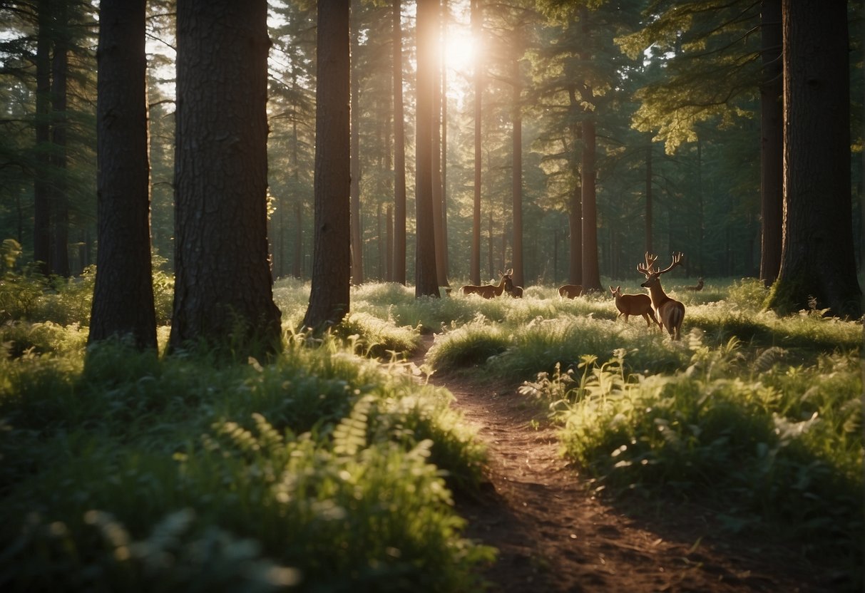 A serene forest clearing with diverse wildlife coexisting peacefully. Birdsong fills the air as deer graze and rabbits hop through the underbrush. A harmonious ecosystem thriving undisturbed by human presence