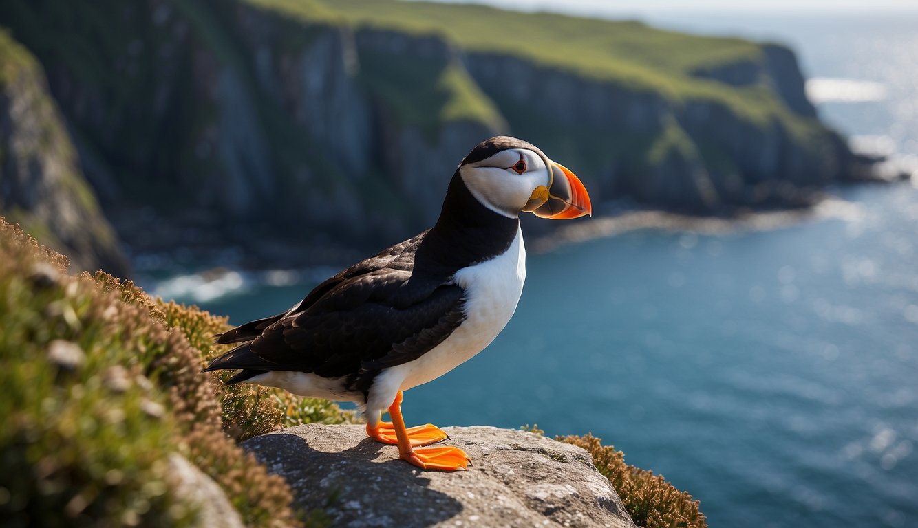 A puffin perches on a rocky cliff, its vibrant orange beak contrasting with the blue ocean below.

It flaps its wings, ready to take flight